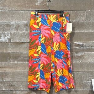 Calligraphie Tropical Linen wide leg crop Hawaiian beach summer pant size Medium